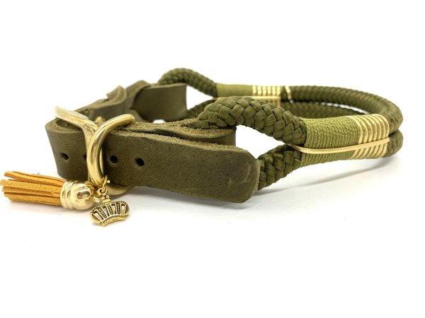 Verstellbares Hundehalsband mit Lederverschluss und Leine im Set oder Einzeln "Golden Khaki"