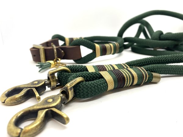 Verstellbares Hundehalsband mit Lederverschluss und Leine im Set oder Einzeln "Golden Green 2"