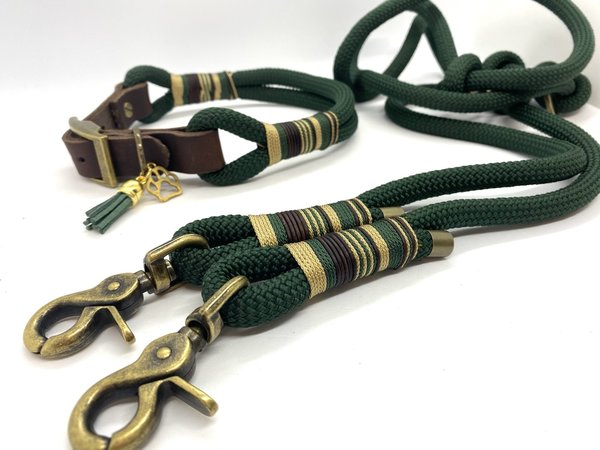 Verstellbares Hundehalsband mit Lederverschluss und Leine im Set oder Einzeln "Golden Green 2"