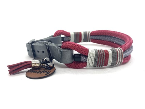 Hundehalsband mit verstellbaren Lederverschluss und Leine im Set oder Einzeln „Grey Red“