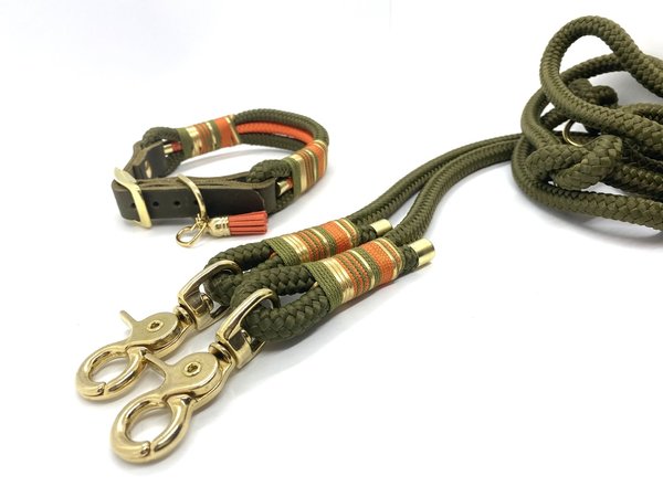 Verstellbares Hundehalsband und Leine im Set oder Einzeln „Orange Khaki“
