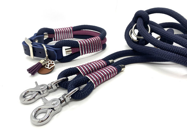 Hundehalsband mit verstellbaren Lederverschluss und Leine im Set oder Einzeln „Silver Blueberry “