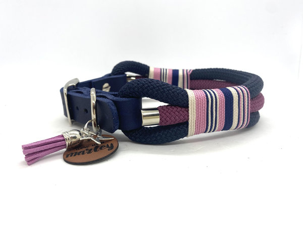 Verstellbares 3-Reihiges Hundehalsband mit Lederverschluss und Leine im Set oder Einzeln „Blue Rose“