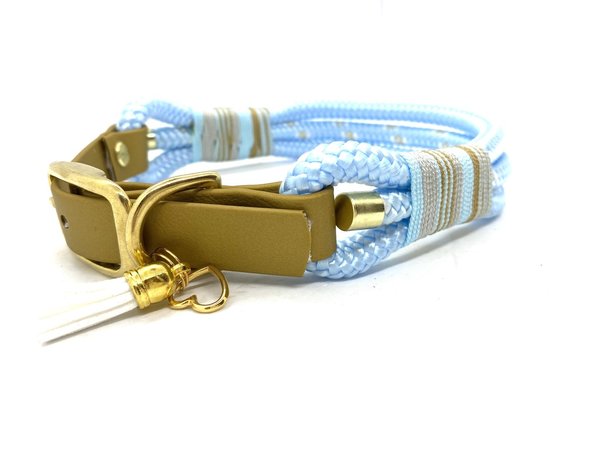 Verstellbares 3-Reihiges Hundehalsband mit Biothaneverschluß und Leine im Set oder Einzeln „Eisblau“