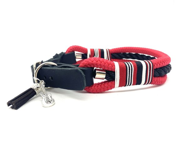 Verstellbares 3-Reihigs Hundehalsband mit Lederverschluss und Leine im Set oder Einzeln „Rockstar“