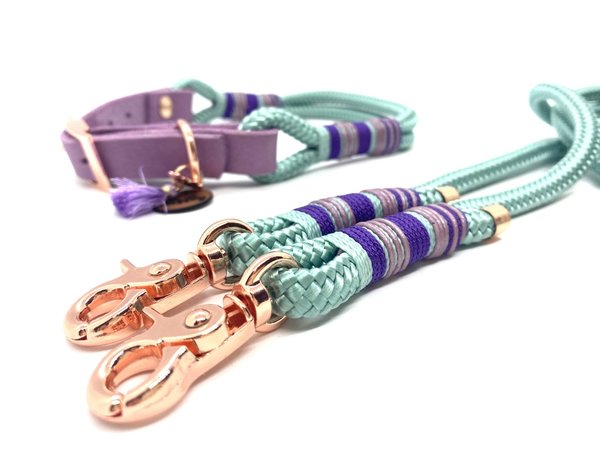 Verstellbares Hundehalsband mit Lederverschluss und Leine im Set oder Einzeln „Mint Lavendel“