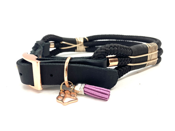 Verstellbares 3-Reihiges Halsband mit Lederverschluss & Leine im Set oder Einzeln „Black meets Rose“