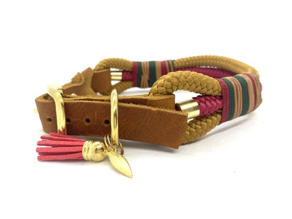 Verstellbares 3-Reihiges Halsband mit Lederverschluss und Leine im Set oder Einzeln „Camel“