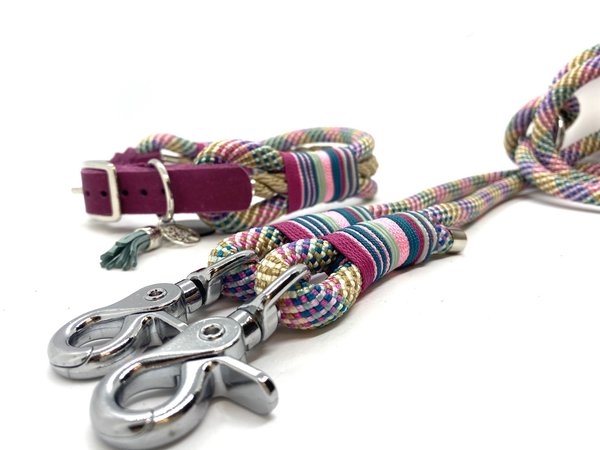 Verstellbares 3-Reihiges Halsband mit Lederverschluss & Leine im Set oder Einzeln „Botanical"