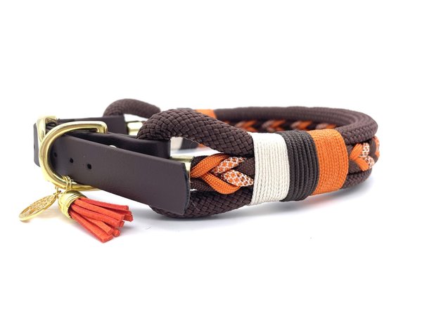 Verstellbares 3-Reihiges Halsband mit Lederverschluss und Leine im Set oder Einzeln „Brown Orange“