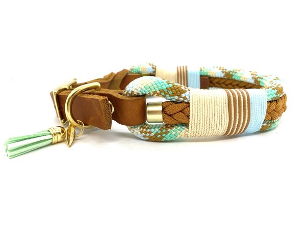 Verstellbares 3-Reihiges Halsband mit Lederverschluß und Leine im Set oder Einzeln „Braided Iceland“