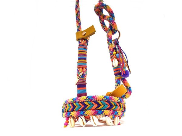 Verstellbares 3-Reihiges Halsband mit Lederverschluss und Leine im Set oder Einzeln „Ibiza“