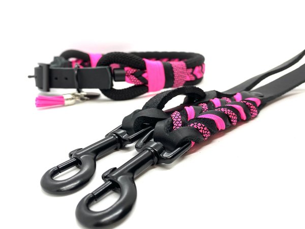 Verstellbares 3-Reihiges Halsband mit Lederverschluß und Leine im Set oder Einzeln „Black Neon Pink“