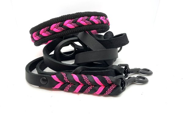 Verstellbares 3-Reihiges Halsband mit Lederverschluß und Leine im Set oder Einzeln „Black Neon Pink“