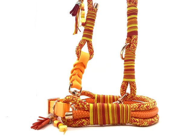 Verstellbares 3-Reihiges Halsband mit Biothaneverschluß und Leine im Set oder Einzeln „Juicy Orange“