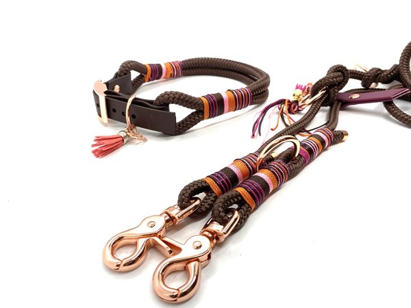 Verstellbares Hundehalsband mit Biothaneverschluss und Leine im Set oder Einzeln „Brown Flamingo“