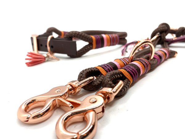 Verstellbares Hundehalsband mit Biothaneverschluss und Leine im Set oder Einzeln „Brown Flamingo“
