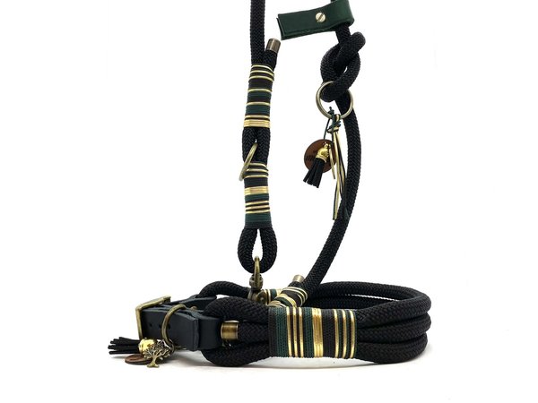 Verstellbares 3-Reihiges Halsband mit Lederverschluss und Leine im Set oder Einzeln „Black Golden“