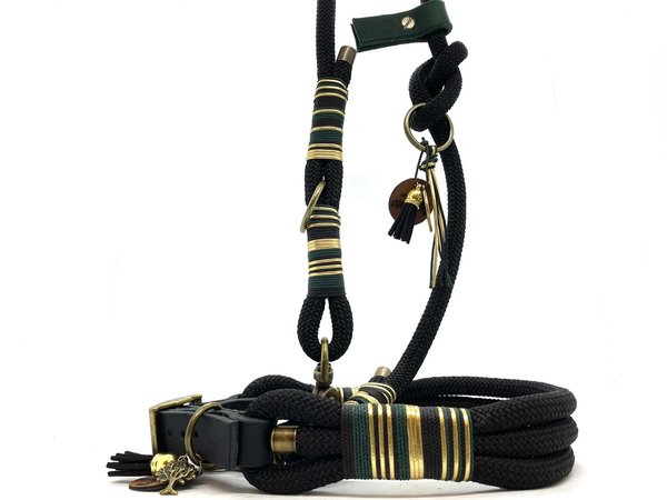 Verstellbares 3-Reihiges Halsband mit Lederverschluss und Leine im Set oder Einzeln „Black Golden“