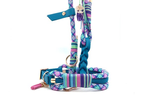 Verstellbares 3-Reihiges Halsband mit Biothaneverschluss&Leine im Set oder Einzeln "Turquoise Fairy"