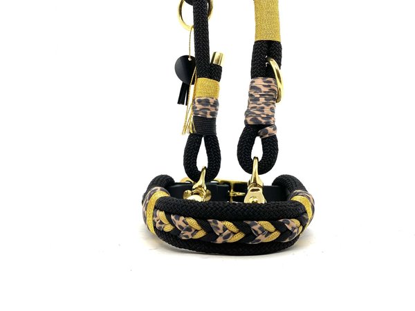 Verstellbares Hundehalsband mit Lederverschluss und Leine im Set oder Einzeln „Black Leo“