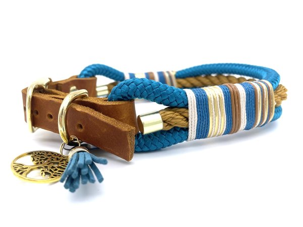 Verstellbares Hundehalsband mit Lederverschluss und Leine im Set oder Einzeln „Cognac Aqua“
