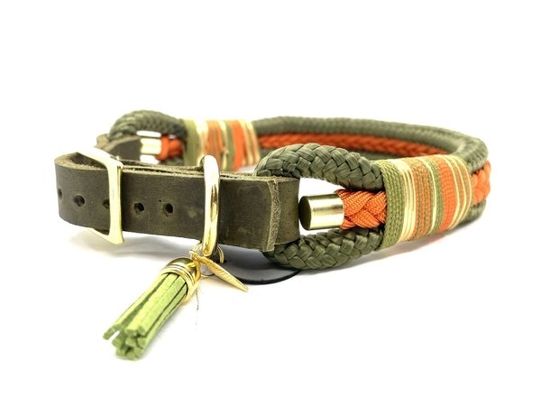 Verstellbares Hundehalsband mit Lederverschluss und Leine im Set oder Einzeln „Khaki Braided Orange“