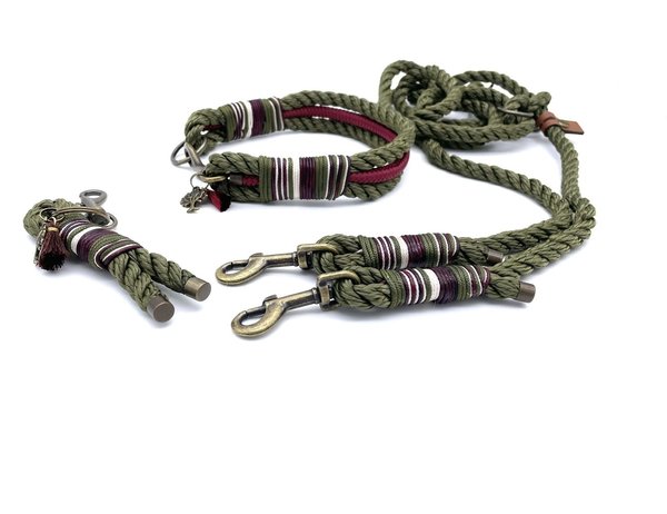 3-Reihiges Hundehalsband und Leine im Set oder Einzeln „Khaki Aubergine“