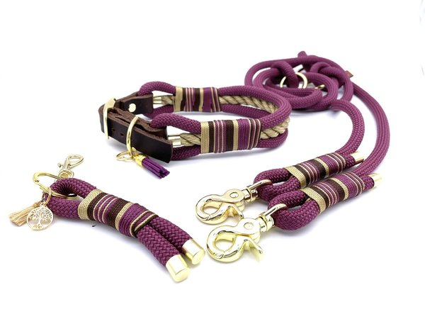 Verstellbares Hundehalsband mit Lederverschluss und Leine im Set oder Einzeln „Glamorous Aubergine“