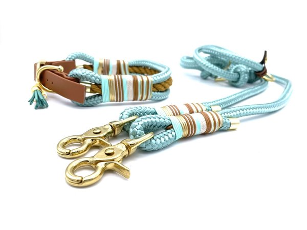 Verstellbares Hundehalsband mit Biothaneverschluss und Leine im Set oder Einzeln „Golden Mint“