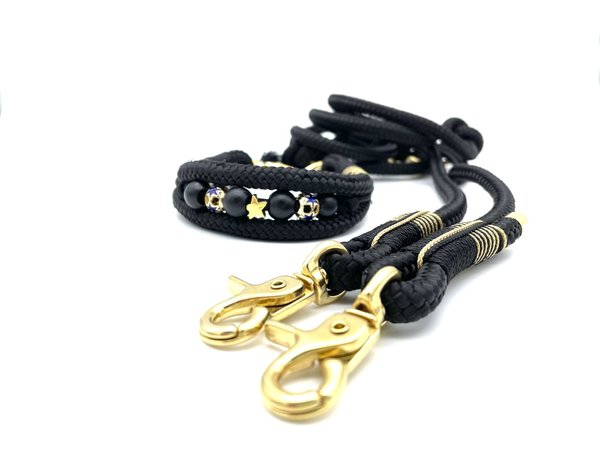 Hundehalsband mit Charms und Leine im Set oder Einzeln „Black Golden“