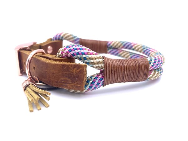 Verstellbares Hundehalsband mit Lederverschluss und Leine im Set oder Einzeln „Cognac Botanical“