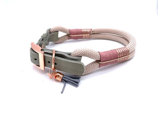 Verstellbares Hundehalsband mit Lederverschluss und Leine im Set oder Einzeln „Grey Blush“