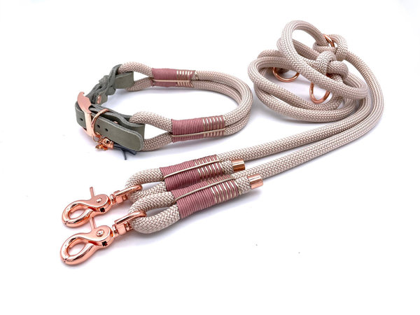 Verstellbares Hundehalsband mit Lederverschluss und Leine im Set oder Einzeln „Grey Blush“