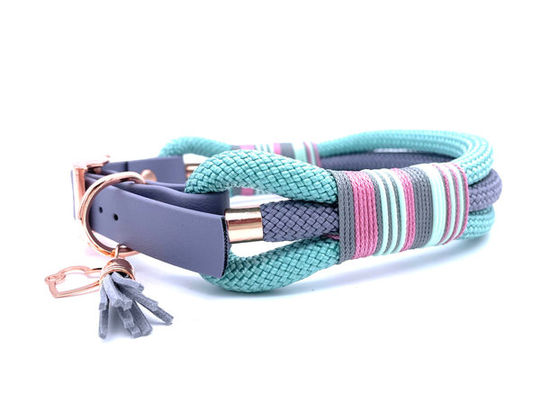 Verstellbares Hundehalsband mit Biothaneverschluss und Leine im Set oder Einzeln „Grey Mint“