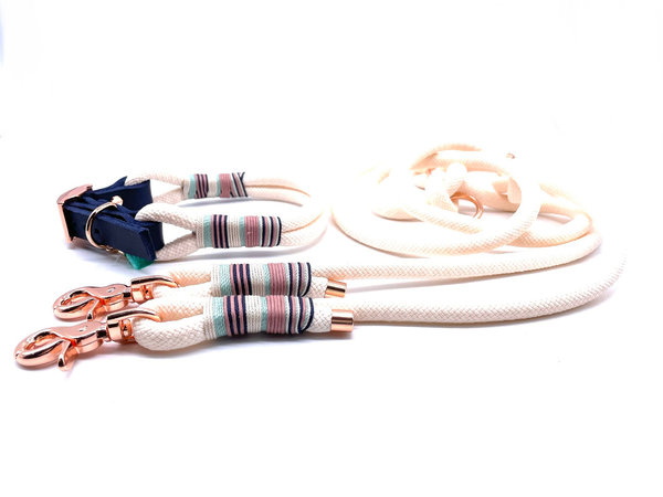 Verstellbares Hundehalsband mit Lederverschluss und Leine im Set oder Einzeln „Creme Blue“