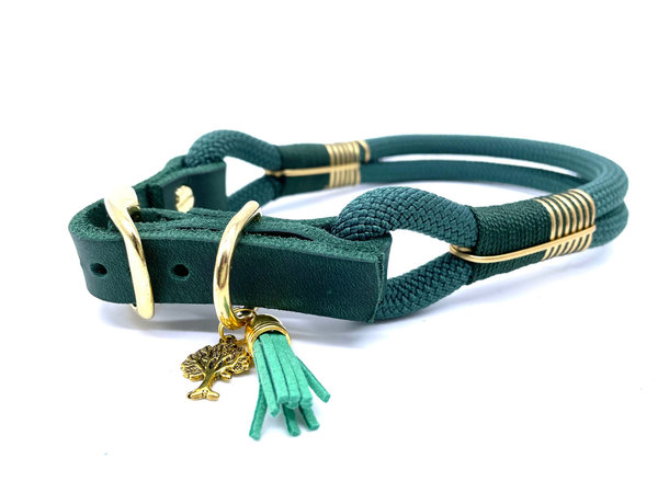 Verstellbares Hundehalsband mit Lederverschluss und Leine im Set oder Einzeln „Green Gold“