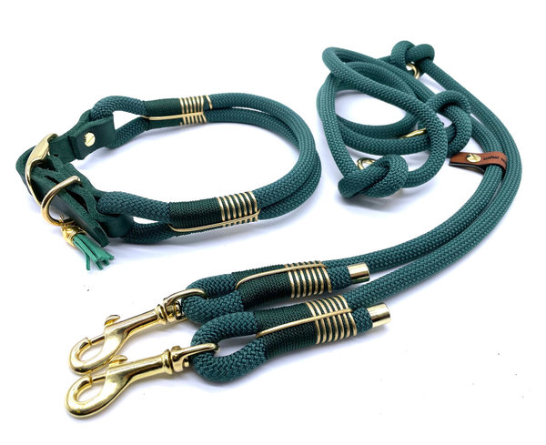 Verstellbares Hundehalsband mit Lederverschluss und Leine im Set oder Einzeln „Green Gold“