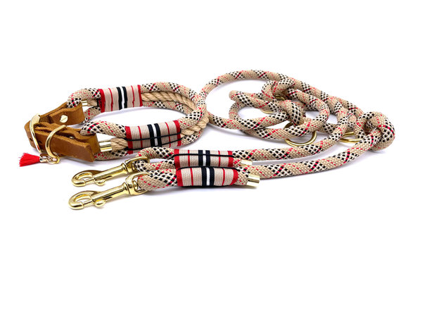 Verstellbares Hundehalsband mit Lederverschluss und Leine im Set oder Einzeln „Beige Glamour“
