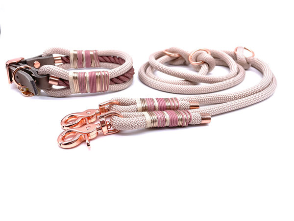 Verstellbares Hundehalsband mit Lederverschluss und Leine im Set oder Einzeln „Pearl Rose“