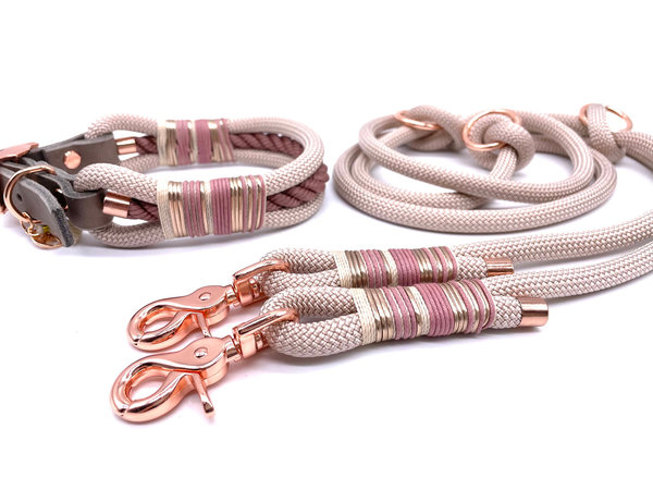 Verstellbares Hundehalsband mit Lederverschluss und Leine im Set oder Einzeln „Pearl Rose“