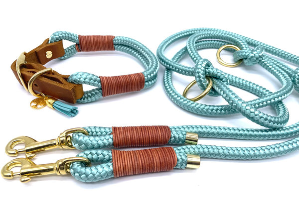Verstellbares Hundehalsband mit Lederverschluss und Leine im Set oder Einzeln „Simply Mint“
