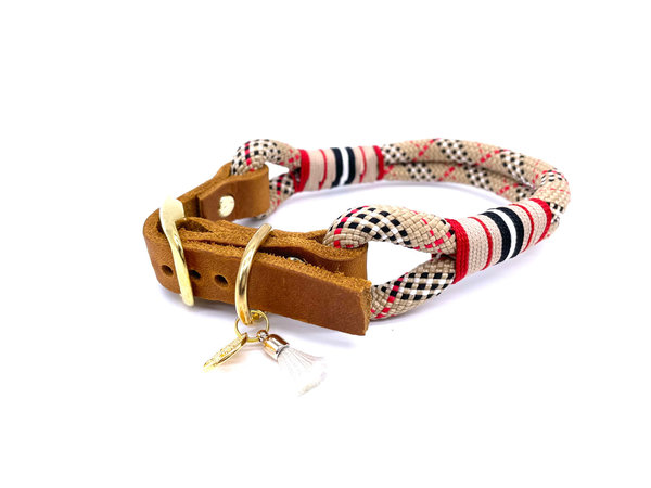 Verstellbares Hundehalsband mit Lederverschluss und Leine im Set oder Einzeln „Simply Tartan Beige“