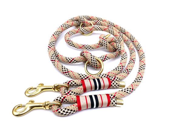 Verstellbares Hundehalsband mit Lederverschluss und Leine im Set oder Einzeln „Simply Tartan Beige“