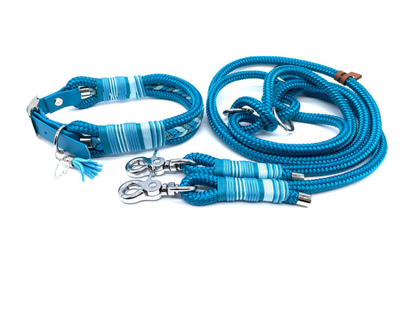 Verstellbares Hundehalsband mit Biothaneverschluss und Leine im Set oder Einzeln „Aqua Ocean“