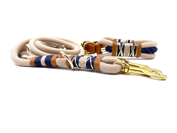 Verstellbares Hundehalsband mit Lederverschluss und Leine im Set oder Einzeln „Beige Elegance“