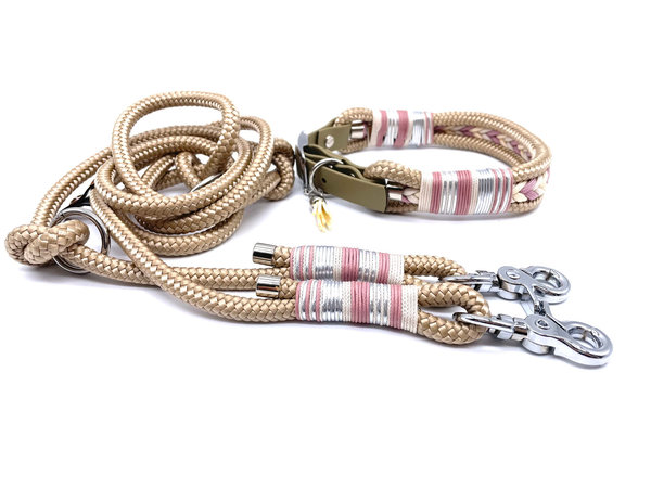Verstellbares Hundehalsband mit Biothaneverschluss und Leine im Set oder Einzeln „Beige Silver“