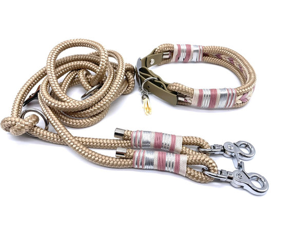 Verstellbares Hundehalsband mit Biothaneverschluss und Leine im Set oder Einzeln „Beige Silver“