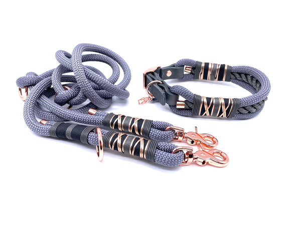 Verstellbares Hundehalsband mit Lederverschluss und Leine im Set oder Einzeln „Grey Elegance“
