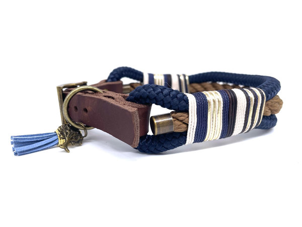 Verstellbares Hundehalsband mit Lederverschluss und Leine im Set oder Einzeln „Brown Blue“